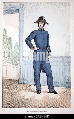 Officier de paix (1841-1848). Eau forte en couleurs, pour illustrer 'Histoire du corps des gardiens de la paix' ouvrage publie sous les auspices de Louis Lepine (1846-1933) prefet de police de la Seine, par Alfred Rey (1864-?) et Louis Feron (1862-?), edition Firmin Didot et Cie, 1896, Paris. Stock Photo