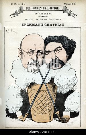 Portrait de Emile Erckmann (1822-1899) et Alexandre Chatrian (1826-1890), romanciers francais. Caricature de Gill, in 'Les Homme d'Aujourd'hui', Paris, 1878. Stock Photo