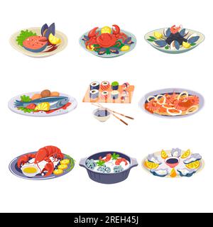 Mussels and shrimps, salmon fillet and sushi with rice and red fish. Crayfish and crab or lobster with dill and parsley. Soup on coconut milk with oct Stock Vector