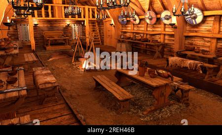 Viking long house interior with fire pit, wooden tables of food and ...