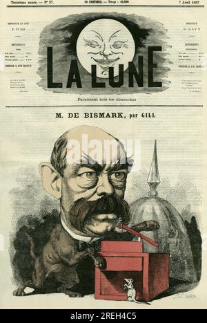 Portrait de Otto von Bismarck (1815-1898), chancelier allemand. Caricature par Gill, in 'La Lune', le 7 avril 1867. Stock Photo