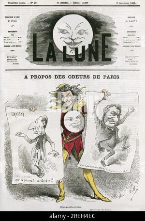 Caricature sur un ouvrage 'Les Odeurs de Paris' de Louis Veuillot (1813-1883), ecrivain francais. Caricature par Gill, in 'La Lune', le 9 decembre 1866. Stock Photo