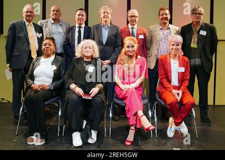 Sir Paul McCartney and his Liverpool Institute of Performing Arts (LIPA) companions for 2023, (front row left to right) Jacqueline Stewart, Jenny Beavan, Sonia Evans and Anna-Jane Casey, (back row left-right) Ashley Herman, John Godber, Sean McNamara, LIPA's Principal and CEO, Sir Paul McCartney, Mark Featherstone-Witty LIPA co founder, Tim Routledge and Simon Armitage at the annual graduation ceremony for the LIPA held at the Liverpool Philharmonic Hall. Picture date: Friday July 28, 2023. Stock Photo