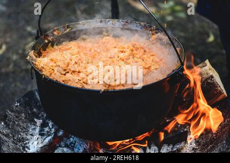 Cabbage soup or stew cooking in a big pot on the open fire with flames, close up Stock Photo