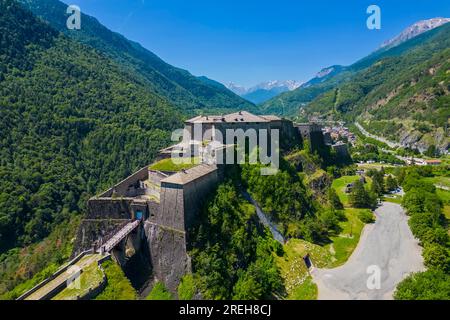 Aerial view of the Exilles fortress watching over Susa valley. Exilles, Susa Valley, Turin, Piedmont, Italy. Stock Photo