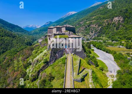 Aerial view of the Exilles fortress watching over Susa valley. Exilles, Susa Valley, Turin, Piedmont, Italy. Stock Photo