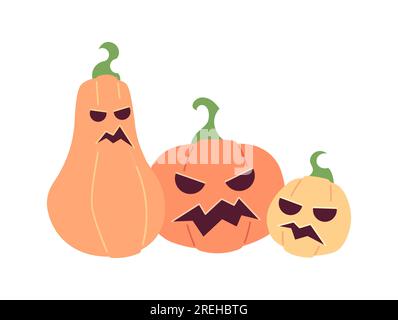 Halloween pumpkins with carved spooky faces semi flat colour vector object Stock Vector