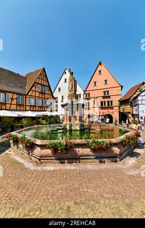 Eguisheim Alsace France. Alsace Wine Route. Saint Leon square Stock Photo