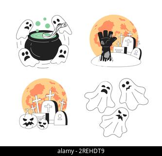 Graveyard Halloween party monochrome concept vector spot illustration set Stock Vector