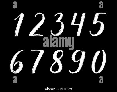 Number 1, 2, 3,  4, 5, 6, 7, 8, 9, 0 handwritten lettering modern brush calligraphy. White digits with thick and thin lines on black background. Stock Vector