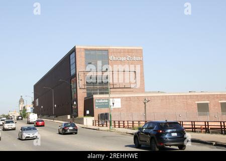 A building that was once a part of the former Chicago Tribune freedom Center sits vacant where a Canadian developer wants to build more than 2,600 apartments in River West, Chicago, Illinois on July 27, 2023. This would be a major development across the street from the site where Bally's intends to build a massive casino and hotel complex. (Photo By: Alexandra Buxbaum/Sipa USA) Credit: Sipa USA/Alamy Live News Stock Photo