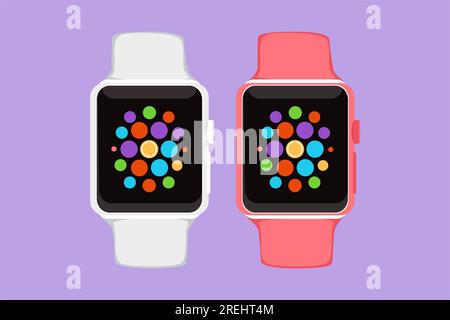 Cartoon flat style drawing stylized smart watch device display with app icons. Smart watch wearable technology template, logo, symbol. Modern device t Stock Photo