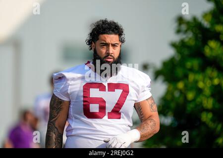 Washington Commanders offensive tackle Aaron Monteiro (67) blocks during an NFL  preseason football game against the Cincinnati Bengals, Saturday, August  26, 2023 in Landover. (AP Photo/Daniel Kucin Jr Stock Photo - Alamy