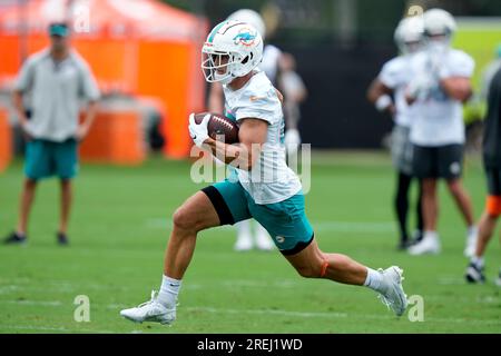 Miami Dolphins wide receiver River Cracraft (85) celebrates scoring a  touchdown with Miami Dolphins wide receiver Trent Sherfield (14) during an  NFL football game against the Buffalo Bills, Sunday, Sept. 25, 2022