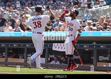 Minnesota Twins' Max Kepler (26) celebrates with Matt Wallner (38) after  Kepler hit a home run against the Arizona Diamondbacks during the sixth  inning of a baseball game Friday, Aug. 4, 2023