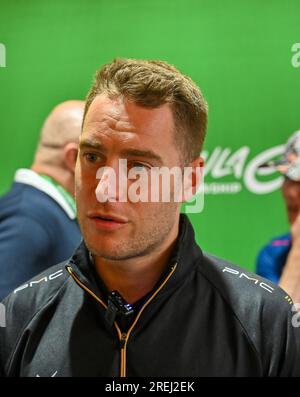 London, UK. 28th July, 2023. ExCeL, London, UK on July 28 2023. Stoffel Vandoorne at a media event during the HANKOOK 2023 London ABB Formula E World Championship at the ExCeL, London, UK on July 28 2023. Credit: Francis Knight/Alamy Live News Stock Photo