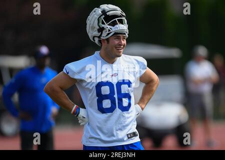 Buffalo Bills tight end Dalton Kincaid (86) blocks against the Chicago Bears  during the first half of an NFL preseason football game, Saturday, Aug. 26,  2023, in Chicago. (AP Photo/Kamil Krzaczynski Stock