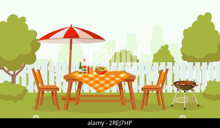 Summer outdoor backyard barbecue party with furniture, umbrella, food on grill. Illustration of barbecue furniture, bbq summer garden Stock Vector