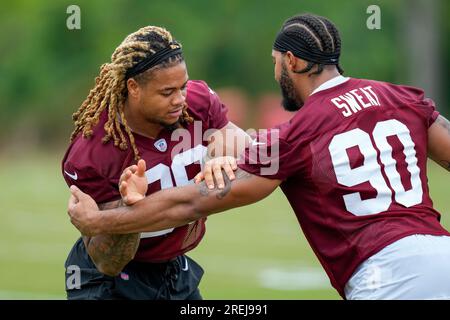 August 3rd 2023: Washington Commanders defensive end Montez Sweat (90) runs  during drills during the Washington Commanders training camp practice at  the OrthoVirginia Training Center in Ashburn, Va. Reggie Hildred/CSM  (Credit Image: ©