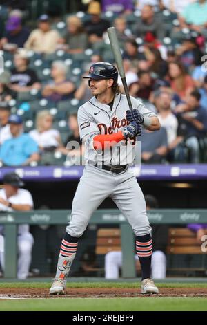 Detroit Tigers' Zach McKinstry, right, is greeted at home plate by Jake  Marisnick after they both scored on McKinstry's two-run home run during the  fourth inning of a baseball game against the