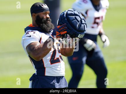 Denver Broncos running back Samaje Perine (25) celebrates against the Las  Vegas Raiders of an NFL football game Sunday August 10, 2023, in Denver.  (AP Photo/Bart Young Stock Photo - Alamy