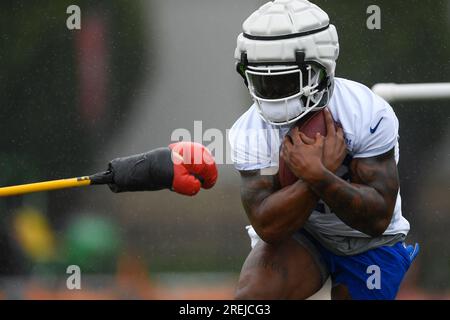 Buffalo Bills running back Damien Harris (22) walks off the field following  an NFL preseason football game against the Chicago Bears, Saturday, Saturday,  Aug. 26, 2023, in Chicago. (AP Photo/Kamil Krzaczynski Stock