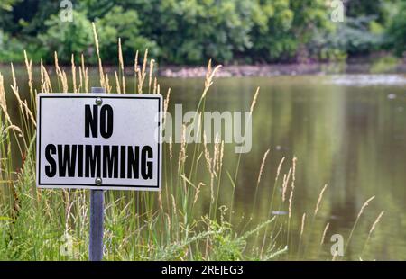 No Swimming sign posted on a lake shore. Stock Photo