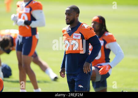 Jacksonville, FL, USA. 19th Sep, 2021. Jacksonville Jaguars running back  James Robinson (25) is pursued by Denver Broncos safety Kareem Jackson (22)  during 2nd half NFL football game between the DenverBroncos and