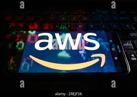 In this photo illustration a AWS logo is displayed on a smartphone. Stock Photo