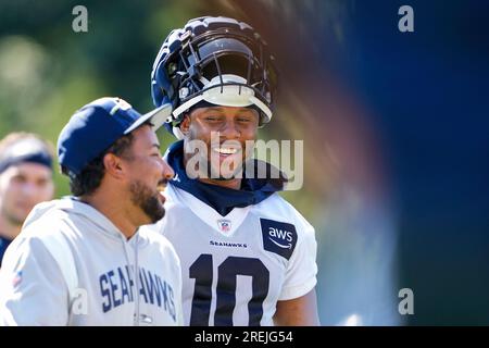 FILE - Seattle Seahawks linebacker Uchenna Nwosu lines up on defense during  an NFL football game against the New Orleans Saints in New Orleans, Sunday,  Oct. 9, 2022. His parents emigrated from