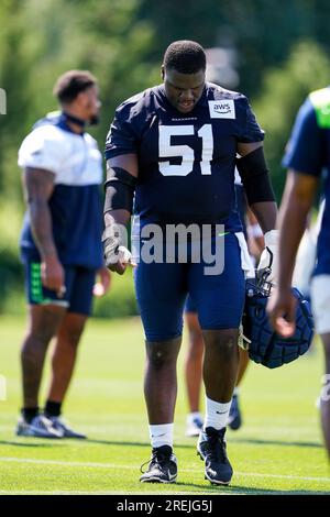 Seattle Seahawks center Evan Brown looks on during the NFL football team's  training camp, Wednesday, Aug. 9, 2023, in Renton, Wash. (AP Photo/Lindsey  Wasson Stock Photo - Alamy