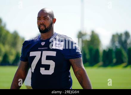 Seattle Seahawks offensive tackle Greg Eiland (75) blocks during an NFL  pre-season football game against the Minnesota Vikings, Thursday, Aug. 10,  2023 in Seattle. (AP Photo/Ben VanHouten Stock Photo - Alamy