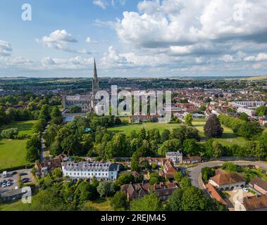 Aerial approach view of Salisbury Cathedral, Wiltshire, England Stock Photo