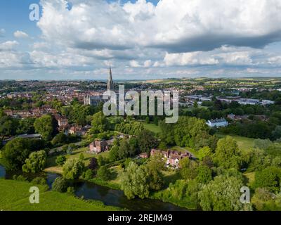 Aerial approach view of Salisbury Cathedral, Wiltshire, England Stock Photo