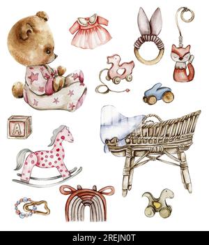 Set of watercolor baby toys and teddy bear. Wood kids toys watercolor hand drawn. Educational wooden blocks and objects for toddlers.Perfect for weddi Stock Photo