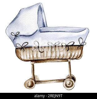 Watercolor baby wicker cradle. Wood kids toys watercolor hand drawn. Perfect for wedding invitation, greetings card, posters. Stock Photo