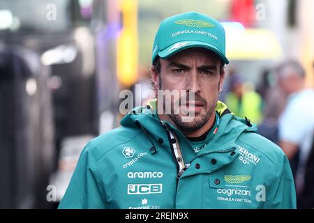 Stavelot, Belgium. 28th July, 2023. Fernando Alonso of Aston Martin at the end of qualifying for the F1 Grand Prix of Belgium at Spa Francorchamps on July 28, 2023 in Stavelot, Belgium. Credit: Marco Canoniero/Alamy Live News Stock Photo