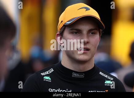 Stavelot, Belgium. 28th July, 2023. Oscar Piastri of McLaren at the end of qualifying for the F1 Grand Prix of Belgium at Spa Francorchamps on July 28, 2023 in Stavelot, Belgium. Credit: Marco Canoniero/Alamy Live News Stock Photo