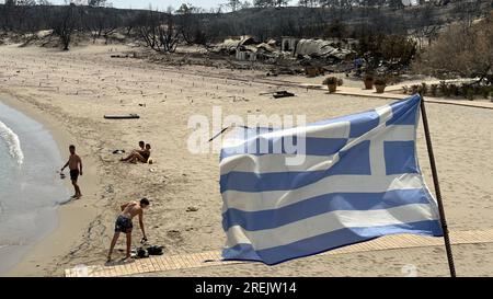 Tourist resorts near the town of Lardos on the Greek island of Rhodes, where the fire stopped just short of the walls of the complexes, Greece, July 2 Stock Photo