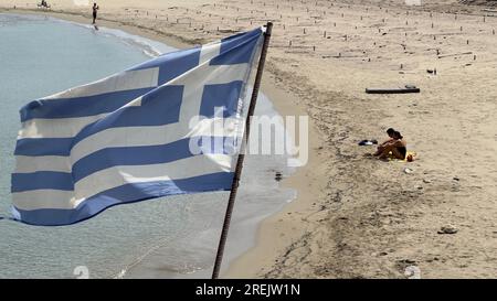 Tourist resorts near the town of Lardos on the Greek island of Rhodes, where the fire stopped just short of the walls of the complexes, Greece, July 2 Stock Photo