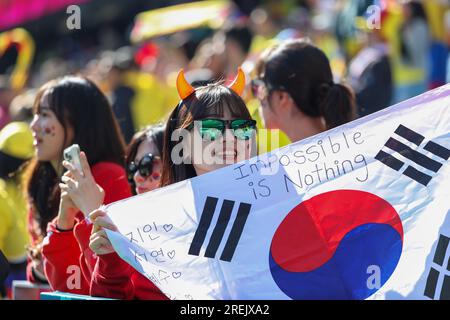 Sydney, Australia. 25th July, 2023. Corean's fans seen during the FIFA Women's World Cup 2023 Australia/New Zeland between Colombia and Corea at Aussie Stadium. Final score: Colombia 2 - South Korea 0. Credit: SOPA Images Limited/Alamy Live News Stock Photo