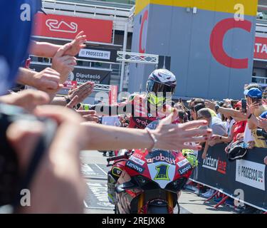 06.05.2023. Montmelo, Spain, Alvaro Bautista shaking hands upon reaching the paddock after winning the race Stock Photo