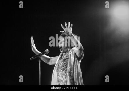 Dame Shirley Bassey performing at the Welcome to Wales concert at the Millennium Stadium in Cardiff, UK on 29th September 2010 ahead of the Ryder Cup at the Celtic Manor Resort in Newport, UK. Stock Photo