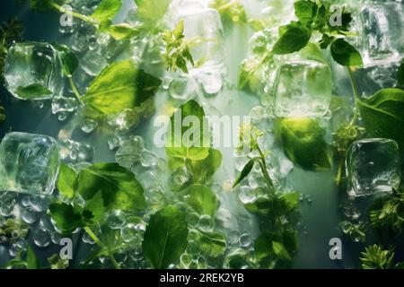 Fresh mint leaves and ice cubes melting on white background. Summer drinks ingredients. Frozen water and herbs. Freshness and flavour. Top view Stock Photo