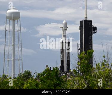 A SpaceX Falcon Heavy rocket is prepared to launch the Jupiter 3/Echostar 24 communications satellite for the Hughes Network System at 11:04 PM from Launch Complex 39A at the Kennedy Space Center, Florida on Friday, July 28, 2023. Photo by Joe Marino/UPI Credit: UPI/Alamy Live News Stock Photo