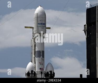 A SpaceX Falcon Heavy rocket is prepared to launch the Jupiter 3/Echostar 24 communications satellite for the Hughes Network System at 11:04 PM from Launch Complex 39A at the Kennedy Space Center, Florida on Friday, July 28, 2023. Photo by Joe Marino/UPI Credit: UPI/Alamy Live News Stock Photo