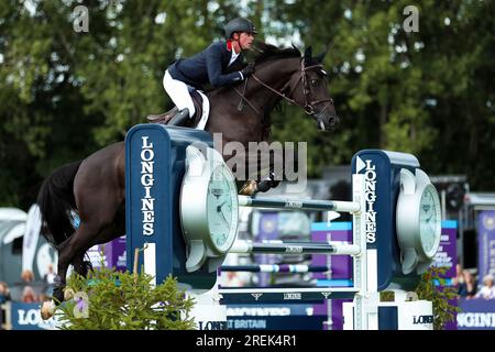Great Britain's Ben Maher in action on Point Remo during the The Longines FEI Jumping Nations Cup of Great Britain Hassocks, United Kingdom, 28th Jul 2023. The Longines Royal International Horse Show.  Credit: Rhianna Chadwick/Alamy Live News Stock Photo