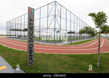 View of high school or college synthetic turf softball field third base ...