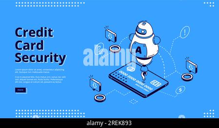 Credit card security banner. Protection mobile payment concept. Vector landing page of safety electronic finance with isometric icon of virtual banking card on smartphone screen and assistant chatbot Stock Vector