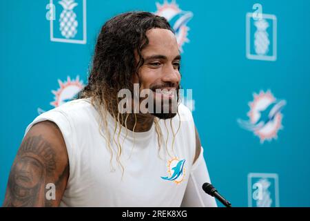 Miami Dolphins linebacker Duke Riley (45) waits on the snap during a NFL  football game at EverBank Stadium, Saturday, August 26, 2023 in  Jacksonville, Fla. (AP Photo/Alex Menendez Stock Photo - Alamy